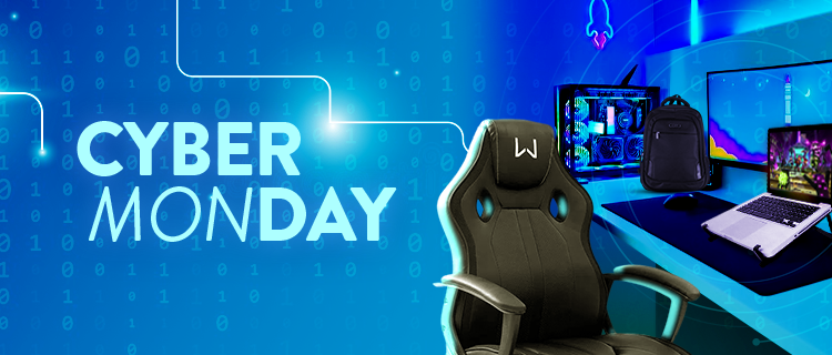 Banner Cyber Monday com cadeira gamer e equipamentos eletrônicos ao fundo