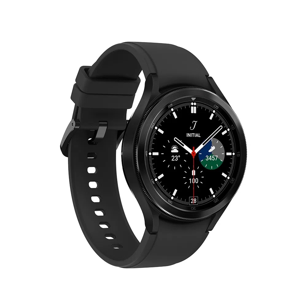 Relógio inteligente Galaxy Watch preto ilustra tópico com dicas para escolher dispositivo