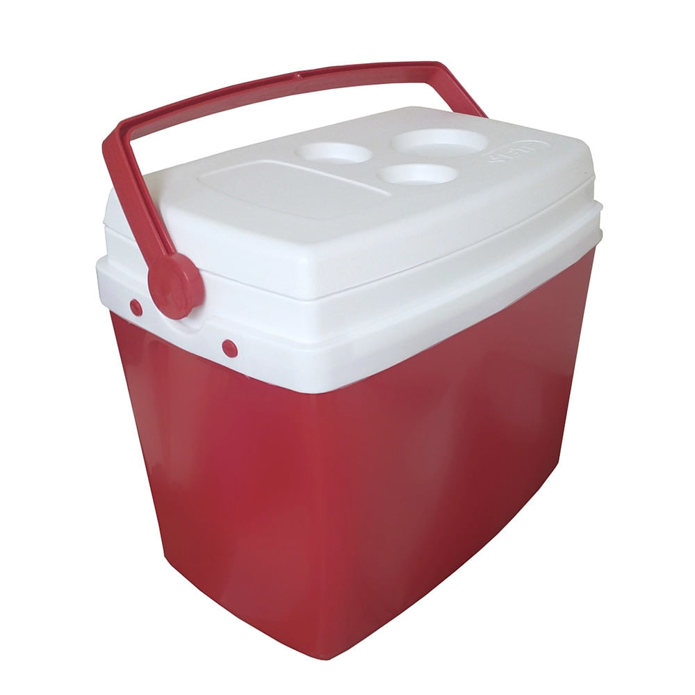 Caixa Térmica da marca Botafogo Vermelha com tampa branca. Capacidade 26 litros