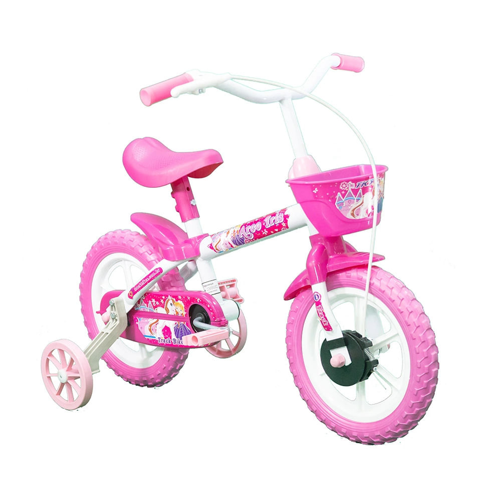 Bicicleta Aro 12 Track Arco Íris nas cores Branca e Rosa, modelo TK3