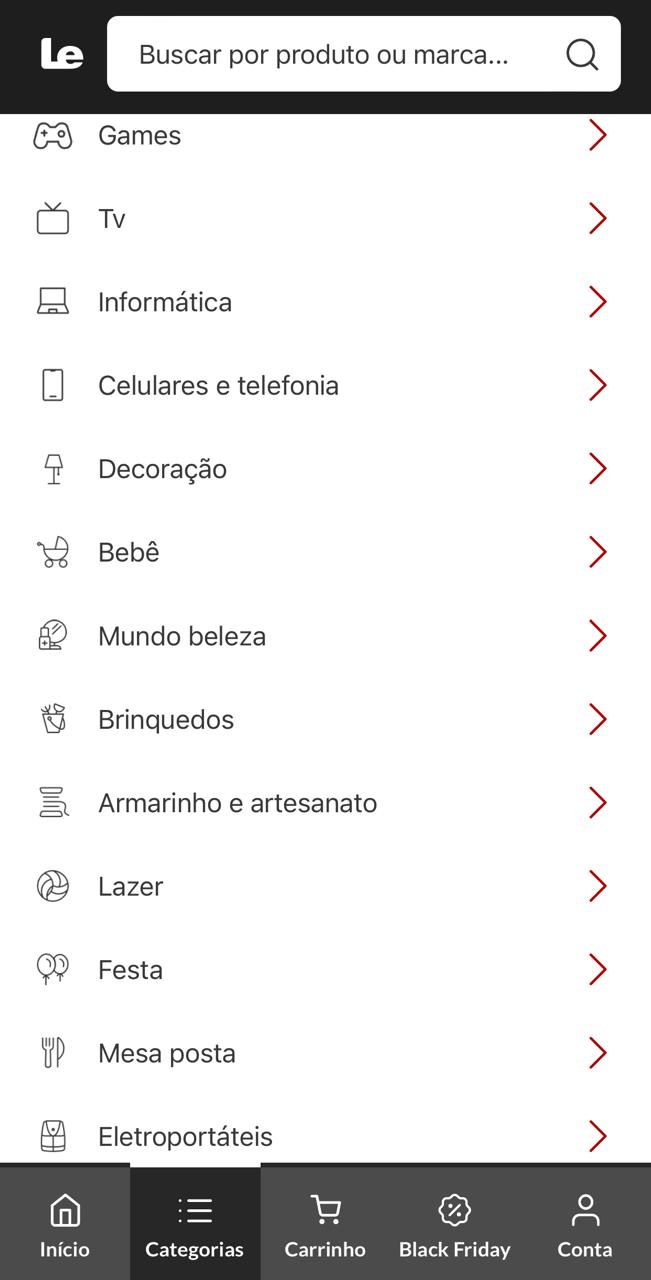 Categorias para comprar no app: games, tv, informática, celulares e mais