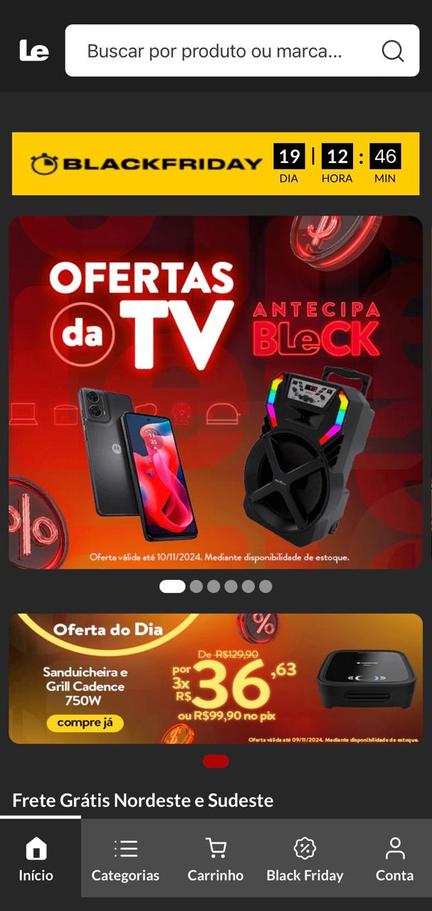 Tela inicial do app com barra de pesquisa de produtos e ofertas de antecipa black em destaque