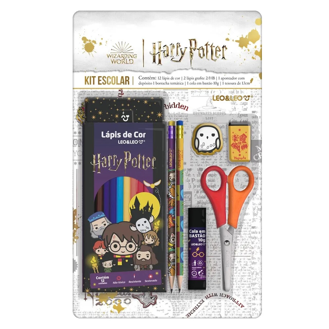 Kit Escolar Leo&Leo Harry Potter 12 Lápis de Cor + Borracha + Apontador + Cola + Régua + Tesoura