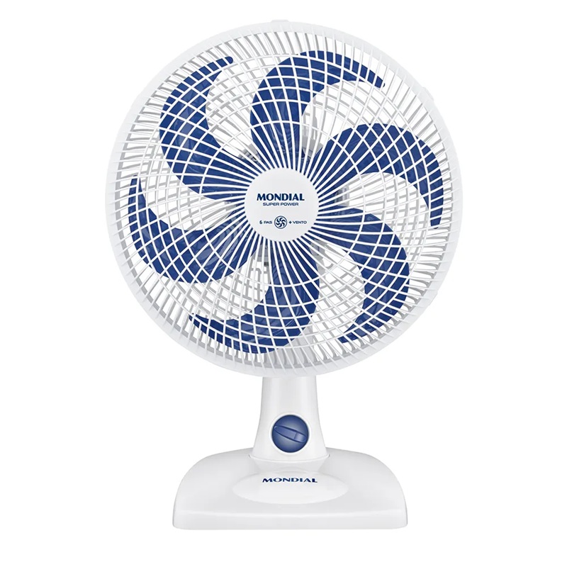 ventilador Mondial branco com pás e botão azul