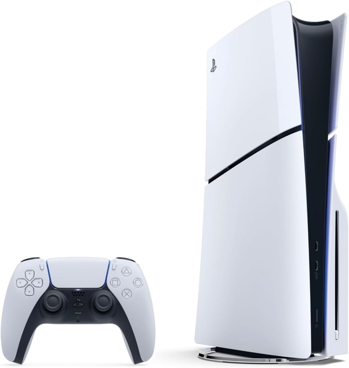 Console PlayStation 5 Slim Imagem do console PlayStation 5 Slim branco com SSD de 1TB, edição física da Sony, acompanhado de 2 jogos, ideal para gamers que buscam alta performance e imersão.