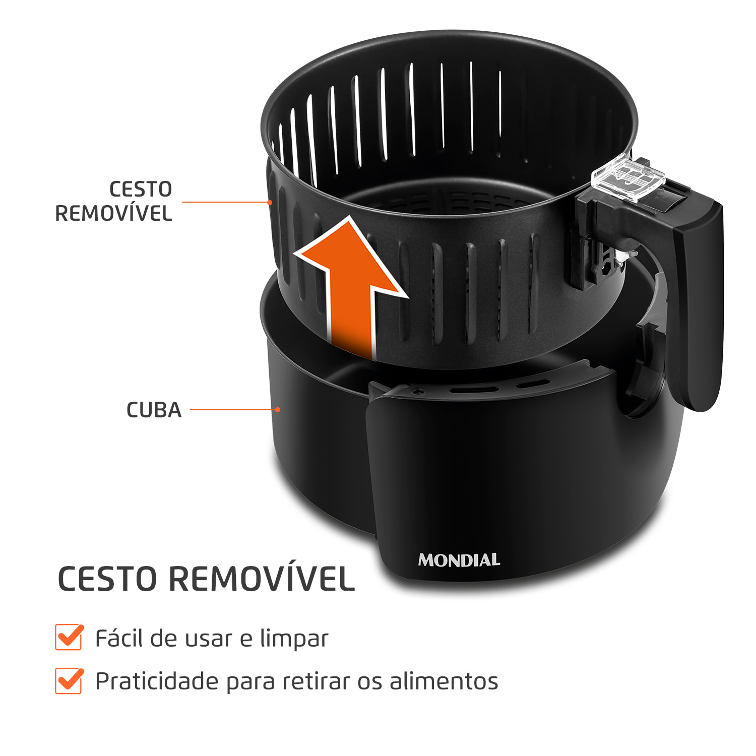 Air Fryer Mondial Pratic 3,6L Inox AF-36-BI 220V Cesto removível da Air Fryer Mondial 3,6L modelo AF-36-BI, prático para limpar e retirar alimentos. Design inox/preto.