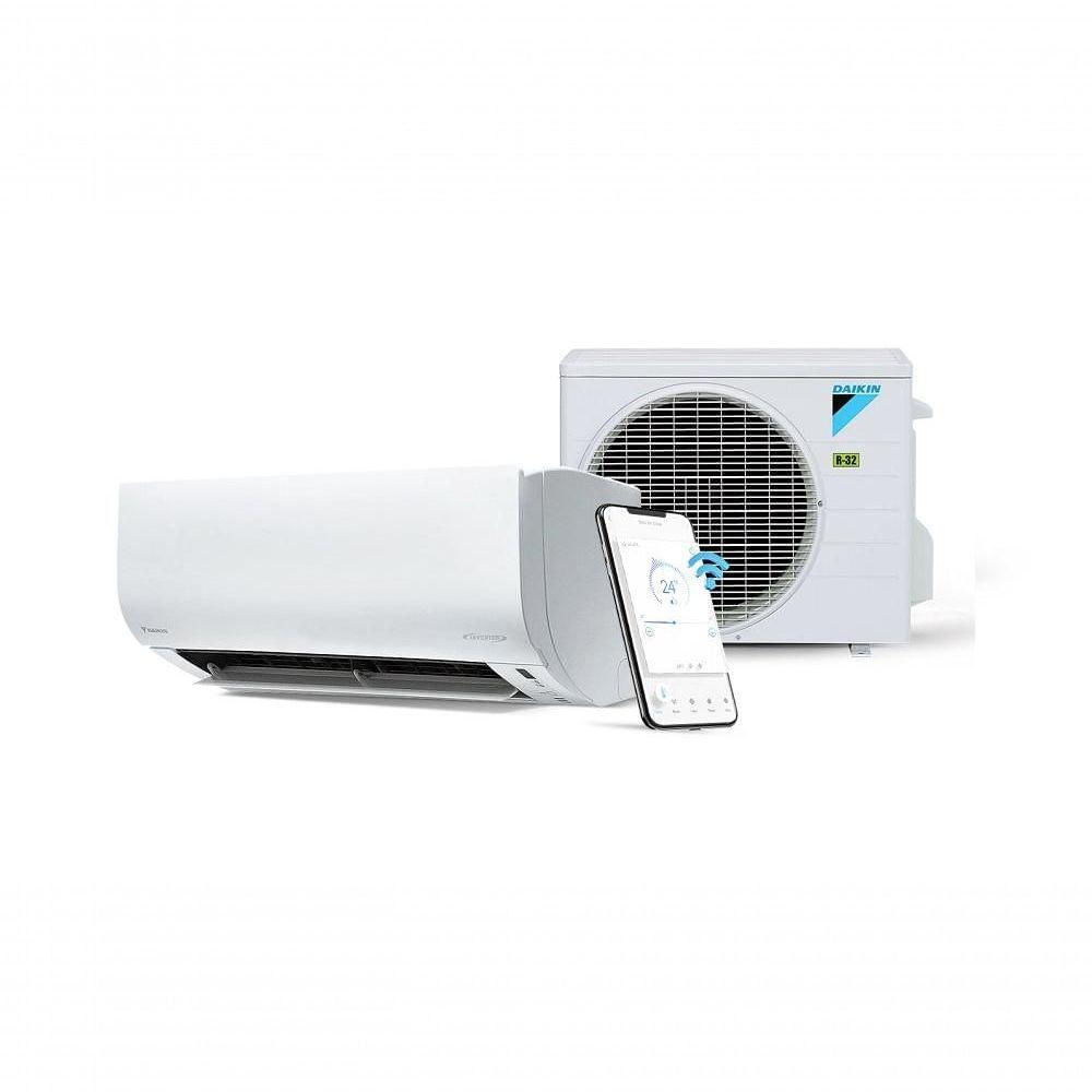 Ar-condicionado Split Daikin Inverter com controle via Wi-Fi Imagem de ar-condicionado Daikin Split Inverter com controle por smartphone, unidade interna moderna e condensadora com gás ecológico R-32