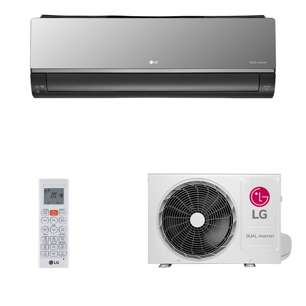 Ar-condicionado Split LG Dual Inverter com controle remoto Imagem de ar-condicionado LG Split Dual Inverter, com unidade interna moderna espelhada, controle remoto e unidade externa com ventilador