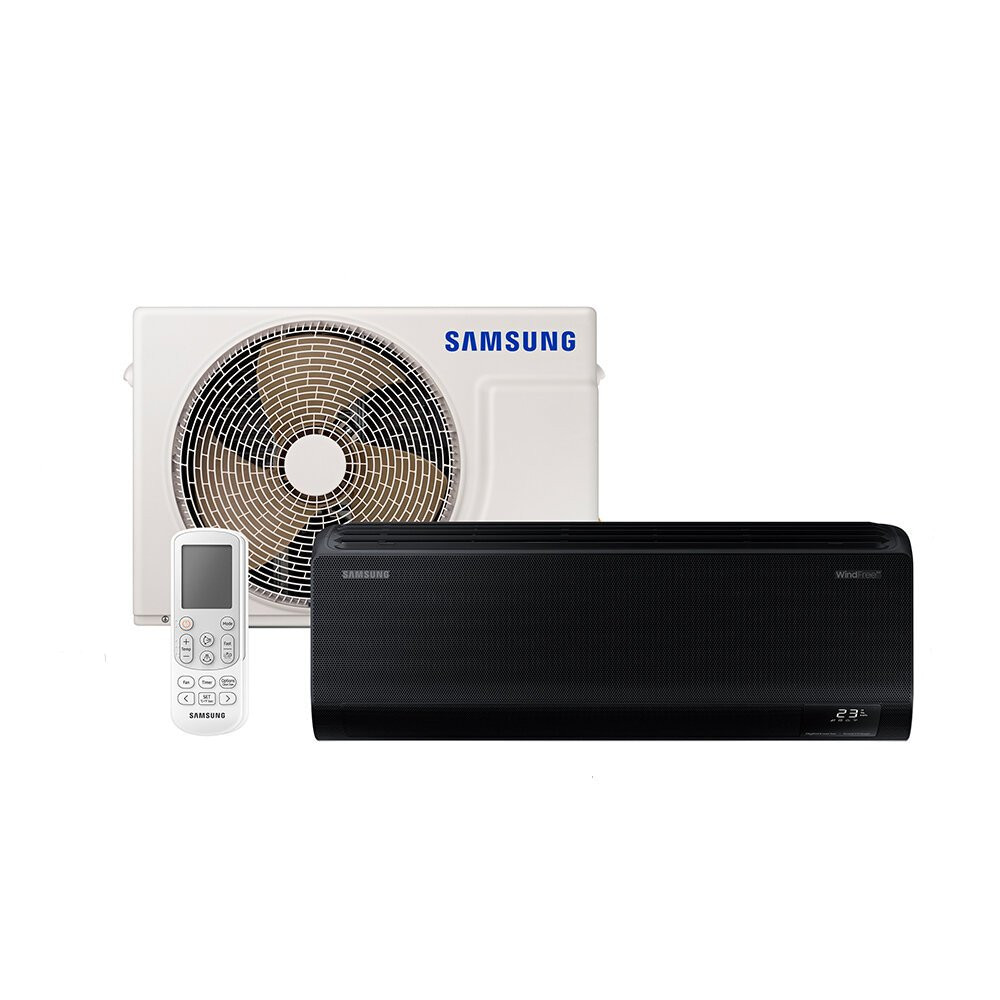 Ar-condicionado Samsung WindFree Inverter com design preto moderno Imagem do ar-condicionado Split Samsung WindFree Inverter na cor preta com controle remoto e condensadora branca ao fundo