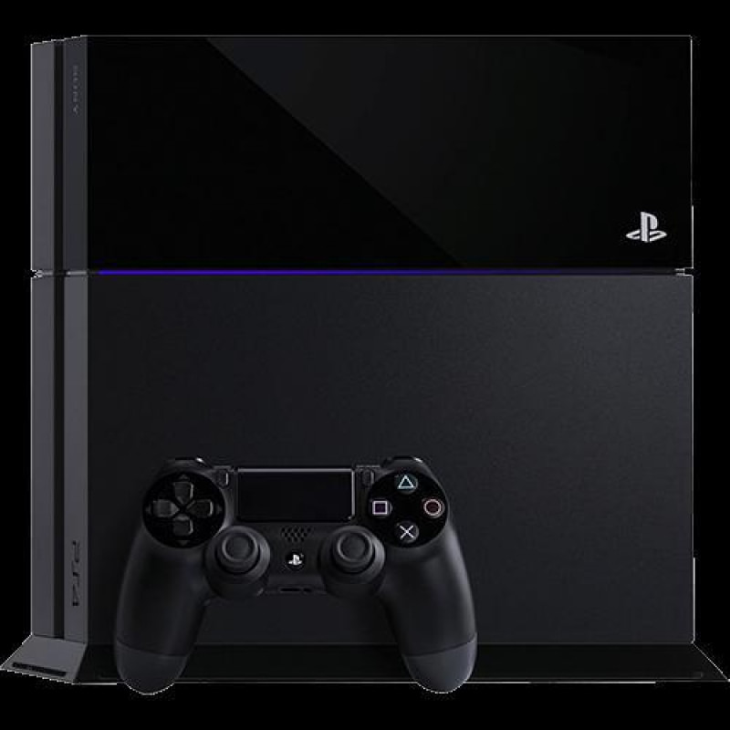 Console PlayStation 4 com controle DualShock 4 Imagem do console PlayStation 4 preto com o controle DualShock 4, ambos em destaque sobre fundo escuro.