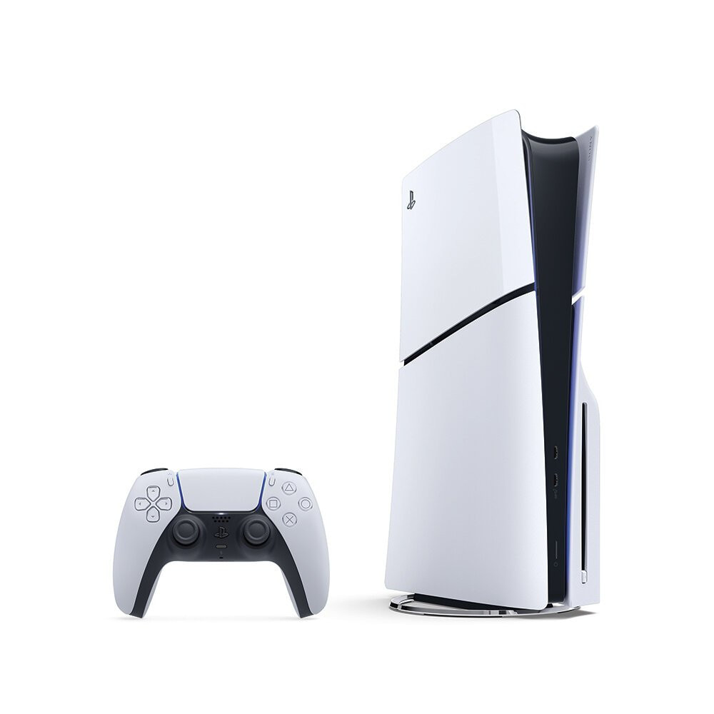 Console PlayStation 5 com controle DualSense Imagem do console PlayStation 5 branco com leitor de disco, acompanhado do controle DualSense, em fundo branco.