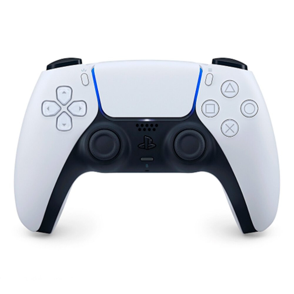 Controle sem fio DualSense do PlayStation 5 Imagem frontal do controle DualSense branco do PlayStation 5, com botões tradicionais e design ergonômico.