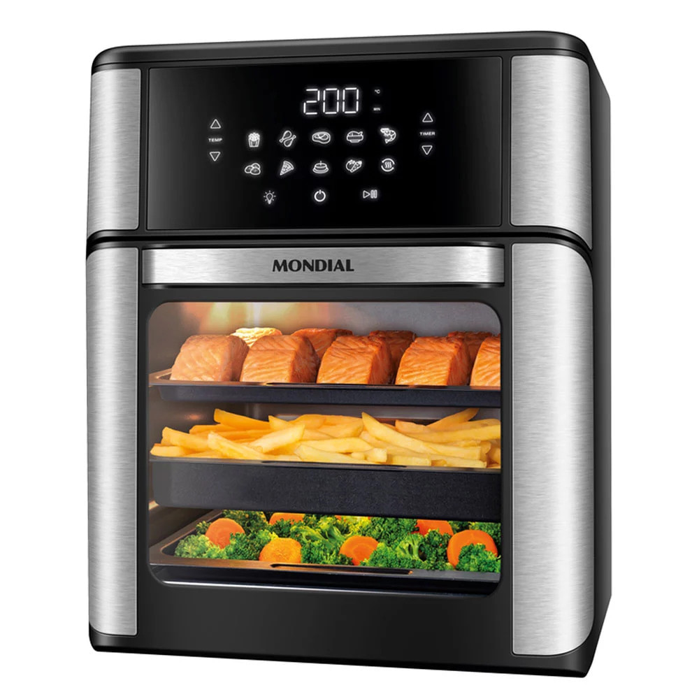 Air Fryer Mondial Forno 12L Inox AFON-12L-BI-BC 220V Fritadeira elétrica Mondial 12L inox com visor e três níveis: salmão, batata e legumes. Modelo AFON-12L-BI-BC.