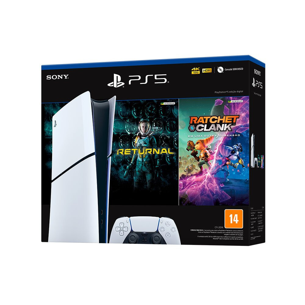 Console PS5 Slim Digital 1TB Sony + Jogos Returnal e Ratchet & Clank Console PlayStation 5 Slim Digital 1TB da Sony com os jogos Returnal e Ratchet & Clank inclusos.