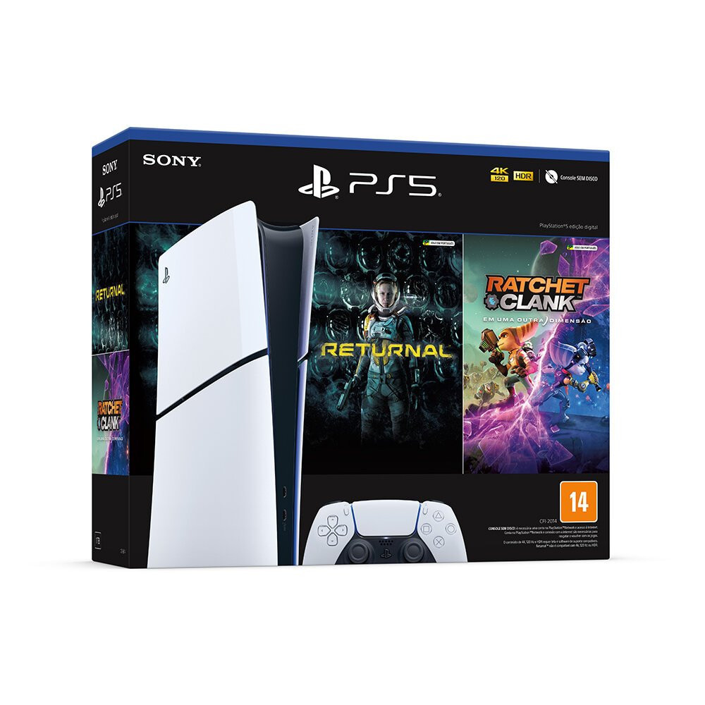 Console PS5 com Returnal e Ratchet & Clank – Edição com dois jogos Console PlayStation 5 com dois jogos inclusos: Returnal e Ratchet & Clank: Em Uma Outra Dimensão