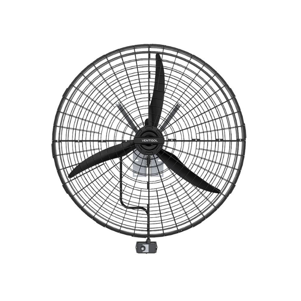 Ventilador de Parede Industrial Ventisol 60cm com 3 Pás – Preto Ventilador de parede Ventisol 60cm com 3 pás pretas e grade reforçada, modelo industrial para alta ventilação