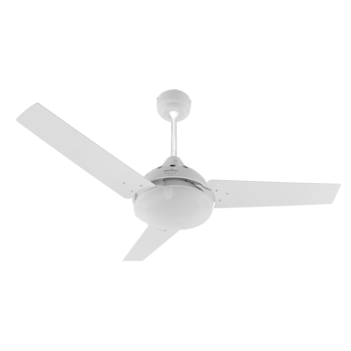 Ventilador de Teto Britânia com 3 Pás e Lustre Branco Ventilador de teto Britânia branco com 3 pás e lustre integrado, ideal para ventilação e iluminação do ambiente.