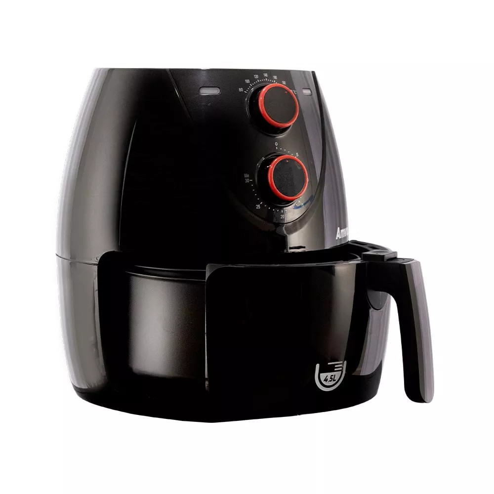 Air Fryer Amvox Preta 4,5L com Controle Manual Fritadeira elétrica Amvox com capacidade de 4,5L, na cor preta com botões vermelhos para ajuste de tempo e temperatura, ideal para preparo saudável de alimentos.
