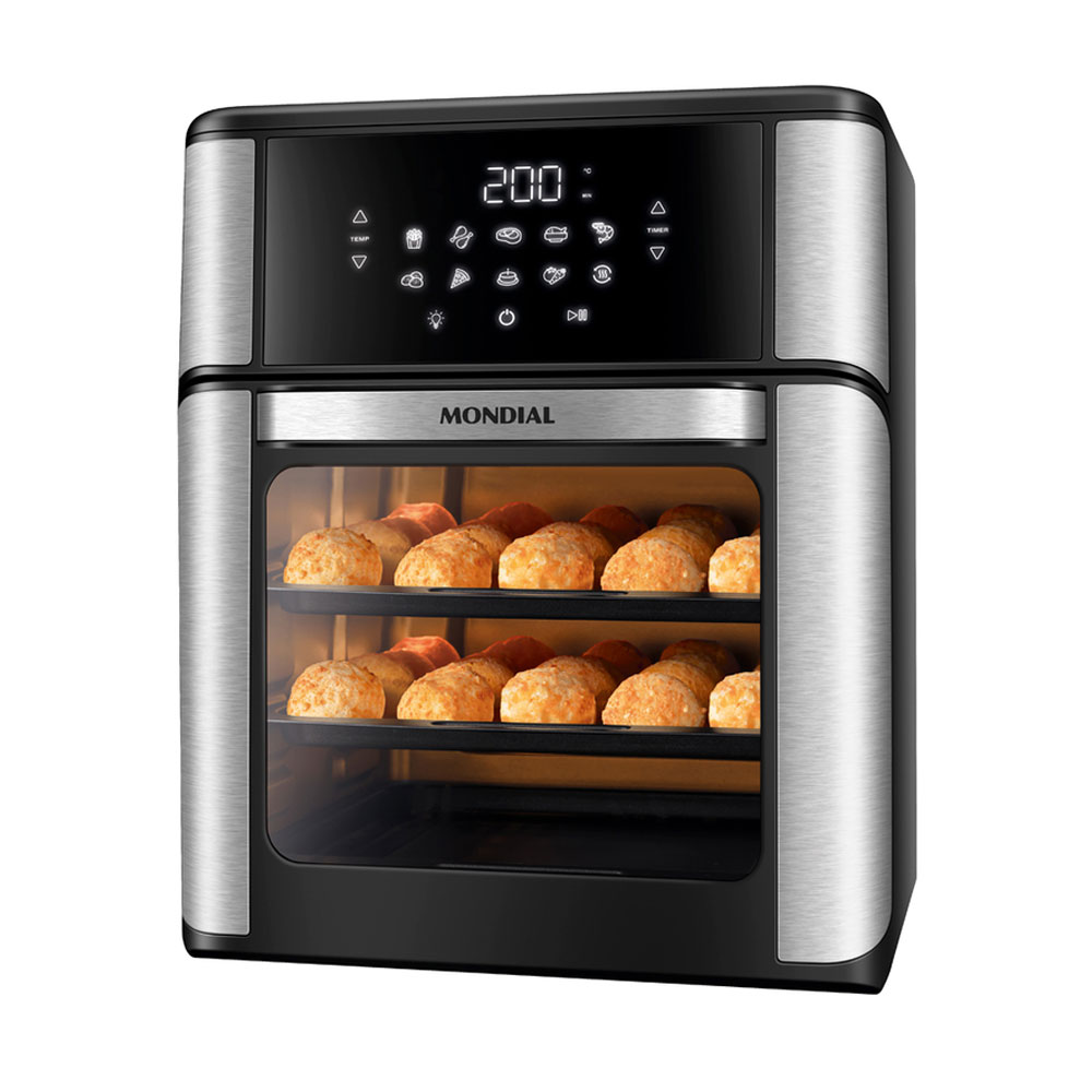 Air Fryer Forno Mondial 12L Digital Inox – Multifunção com Alta Capacidade Air Fryer forno Mondial com capacidade de 12 litros, acabamento em inox, três prateleiras e painel digital com funções pré-programadas para preparo de receitas variadas com praticidade.