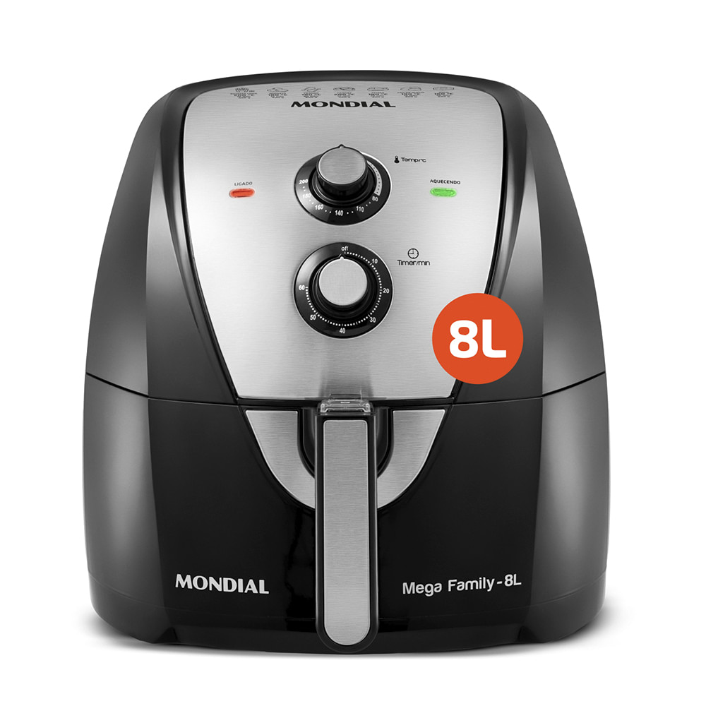 Air Fryer Mondial Mega Family 8L – Capacidade Família com Inox Fritadeira elétrica sem óleo Mondial Mega Family de 8 litros, com acabamento preto e inox, controle analógico de tempo e temperatura, ideal para famílias grandes e refeições completas.