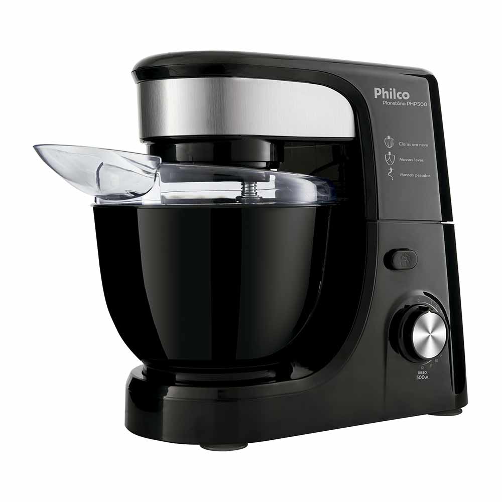 Batedeira Planetária Philco PHP500 500W Preta com Tigela de 4L Batedeira planetária Philco PHP500 preta com tigela de 4 litros, tampa antirrespingos e botão de velocidade ajustável.