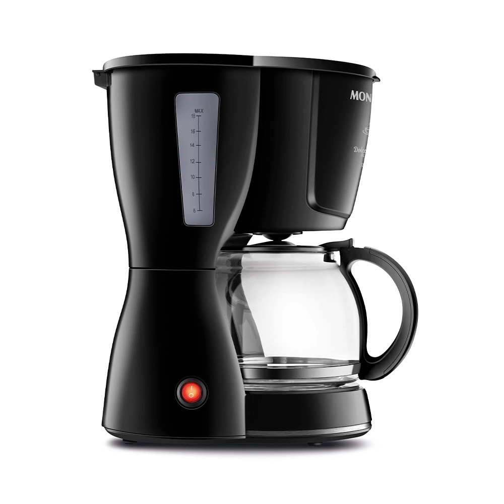 Cafeteira Elétrica Mondial Dolce Aroma 18 Xícaras Preta Cafeteira elétrica Mondial Dolce Aroma preta com jarra de vidro vazia e botão luminoso de liga/desliga.