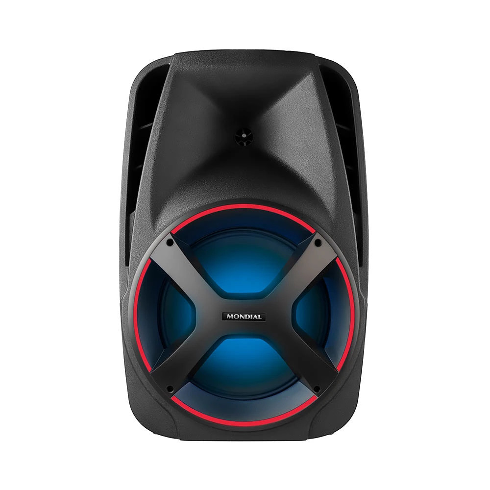 Caixa de Som Amplificada Mondial com LED Azul e Bluetooth Caixa de som amplificada Mondial com luz LED azul no alto-falante, acabamento preto, design robusto e ideal para festas e ambientes abertos.