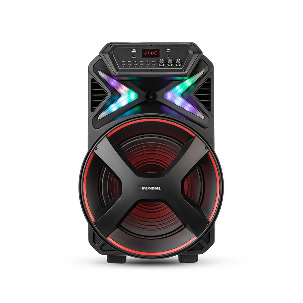 Caixa de Som Amplificada Mondial com LED e Bluetooth Caixa de som amplificada Mondial na cor preta, com luzes LED multicoloridas, painel de controle superior e design robusto, ideal para festas.