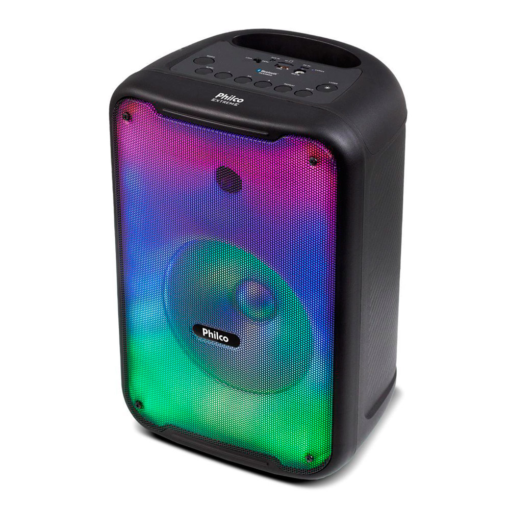 Caixa de Som Philco com LED Multicolorido e Bluetooth Caixa de som portátil Philco com painel frontal iluminado por LED multicolorido, botões superiores e conexão Bluetooth. Ideal para festas.