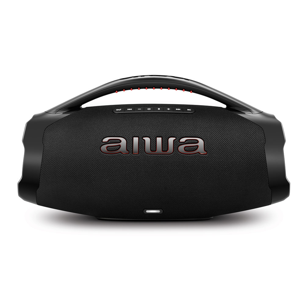 Caixa de Som Portátil Aiwa com Bluetooth e Som Potente Caixa de som portátil Bluetooth da marca Aiwa, cor preta, com alça embutida e botões superiores de controle. Ideal para uso interno e externo.