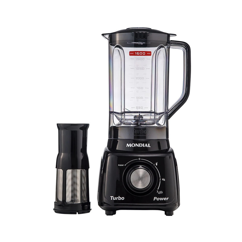 Liquidificador Mondial Turbo Power com Filtro 1600ml Preto Liquidificador Mondial Turbo Power preto com filtro, copo de 1600ml e seletor com 3 velocidades e função pulsar.