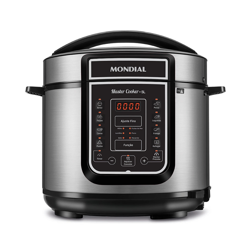 Panela de Pressão Elétrica Mondial Master Cooker 5L Inox com Programas Automáticos Panela de pressão elétrica Mondial Master Cooker 5 litros com painel digital, função aquecer, timer e modos automáticos para arroz, milho, feijão e pudim.