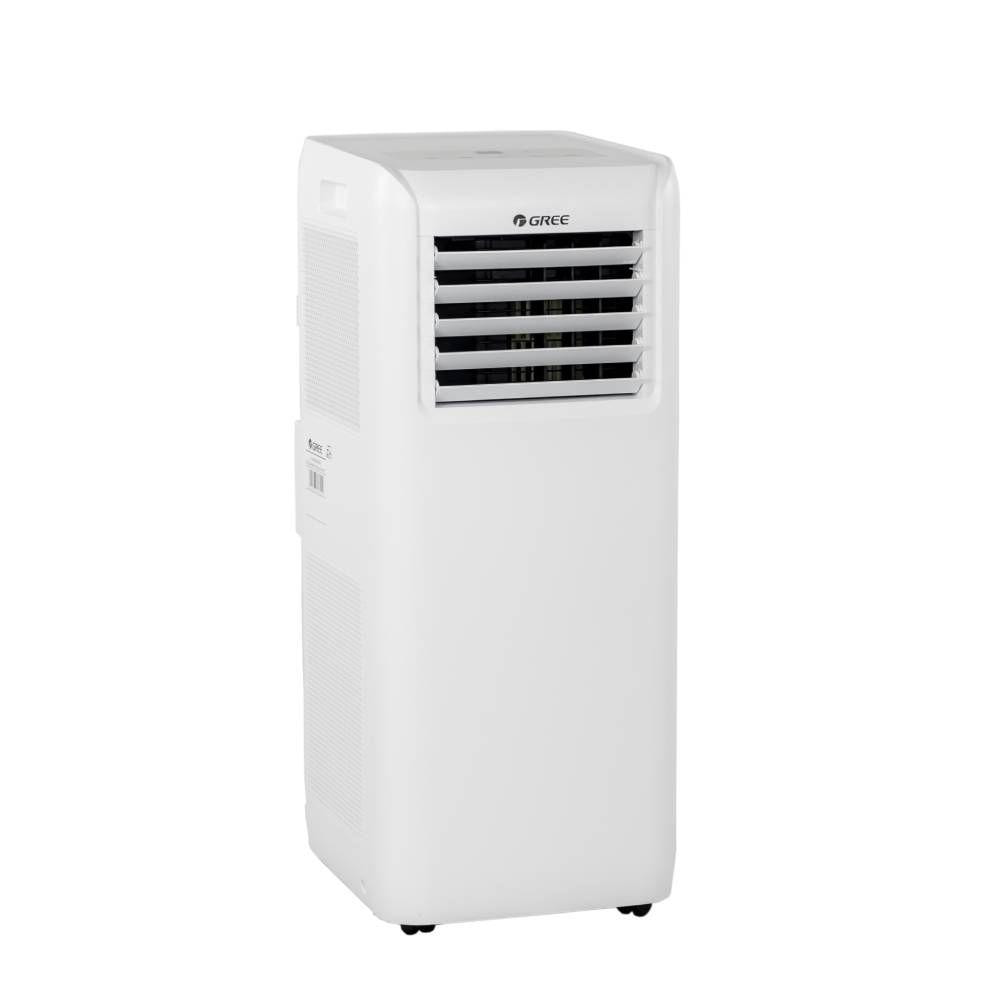 Ar-condicionado Portátil Gree 10.000 BTUs Frio – Compacto e Prático Ar-condicionado portátil da marca Gree com 10.000 BTUs na cor branca, com design vertical compacto, saídas de ar frontais e rodinhas para fácil transporte.