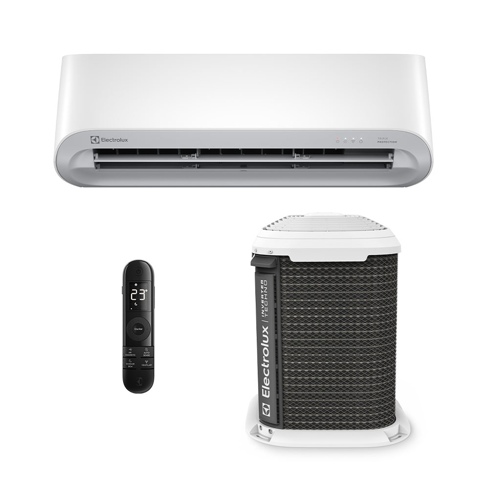 Ar-condicionado Split Electrolux Inverter 12.000 BTUs Frio com Controle Imagem de ar-condicionado split Electrolux com unidade interna branca, unidade externa preta com detalhe branco e controle remoto digital, modelo com 12.000 BTUs e tecnologia inverter.