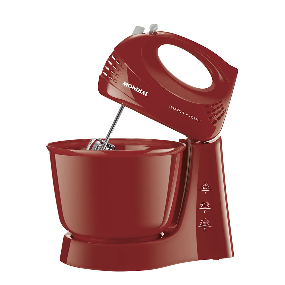 Batedeira Mondial Prática 400W Vermelha Batedeira Mondial Prática 400W vermelha, com tigela removível e 3 velocidades, ideal para o preparo de receitas do dia a dia.