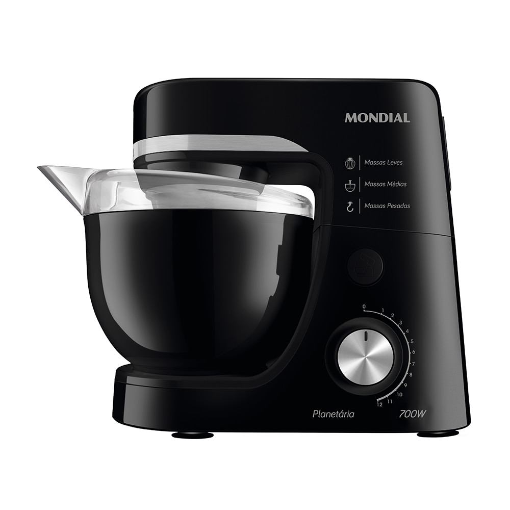 Batedeira Planetária Mondial 700W Preta Batedeira planetária Mondial 700W na cor preta, com tigela grande e seletor de velocidades, indicada para diferentes tipos de massas.