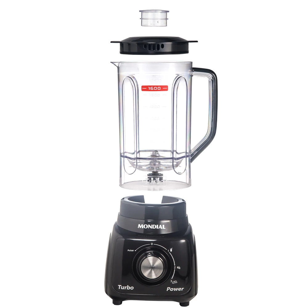Liquidificador Mondial Turbo Power com Copo de 1,6L e 3 Velocidades Liquidificador Mondial Turbo Power preto com copo de 1,6 litros, tampa com dosador e botão giratório com 3 velocidades e pulsar.