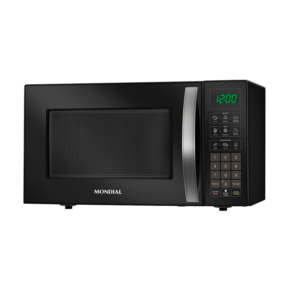 Micro-ondas Mondial 20L Preto com Painel Digital e Função Descongelar Micro-ondas Mondial 20 litros na cor preta, com painel digital, visor LED e função descongelar.