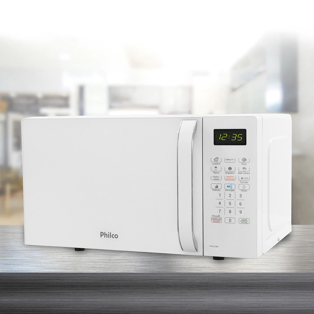 Micro-ondas Philco 20L Branco com Função Descongelar e Menu Pré-programado Micro-ondas Philco branco com 20 litros de capacidade, painel digital, visor LED e teclas pré-programadas para uso doméstico.