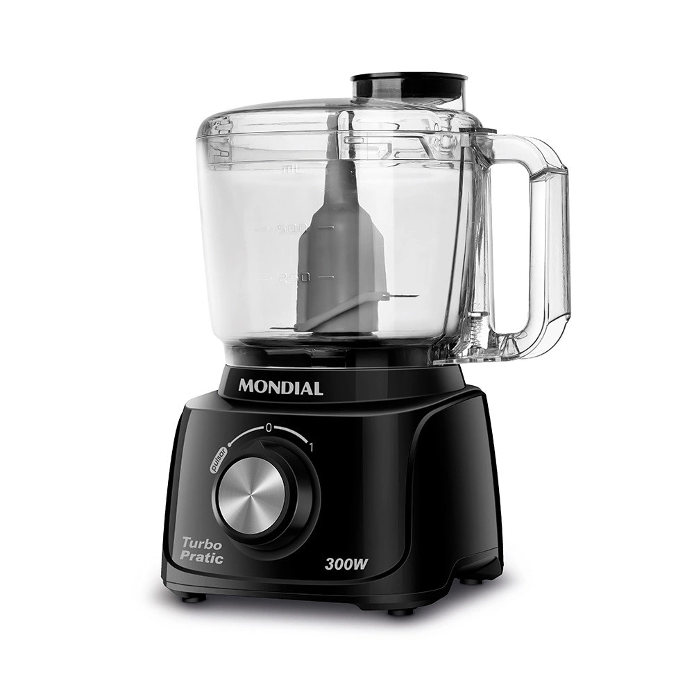 Processador de Alimentos Mondial Turbo Pratic 300W Preto Processador de alimentos Mondial Turbo Pratic 300W na cor preta, com jarra transparente e controle de velocidade, perfeito para facilitar o preparo de receitas.