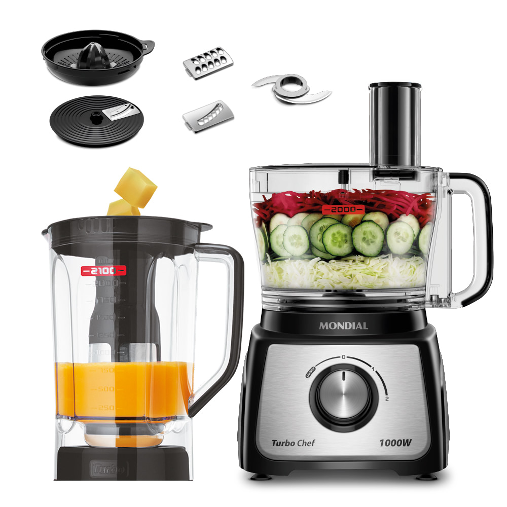 Processador de alimentos Mondial Turbo Chef 1000W com jarra e acessórios Processador de alimentos Mondial Turbo Chef 1000W com jarra de liquidificador, lâminas para triturar, ralar, fatiar, espremedor e acessórios para preparar sucos, saladas e diversas receitas na cozinha.