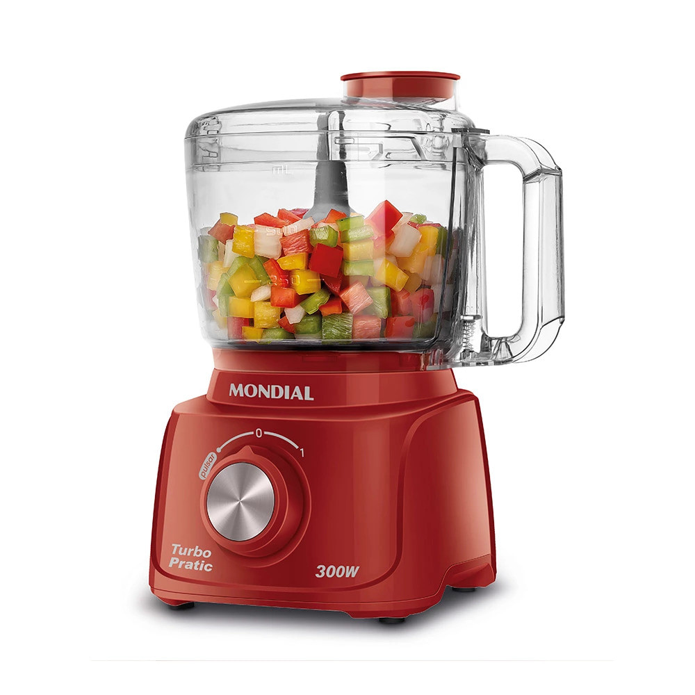 Processador de alimentos Mondial Turbo Pratic 300W vermelho Processador de alimentos Mondial Turbo Pratic 300W na cor vermelha, com recipiente transparente cheio de legumes picados, ideal para triturar, picar e facilitar receitas na cozinha.