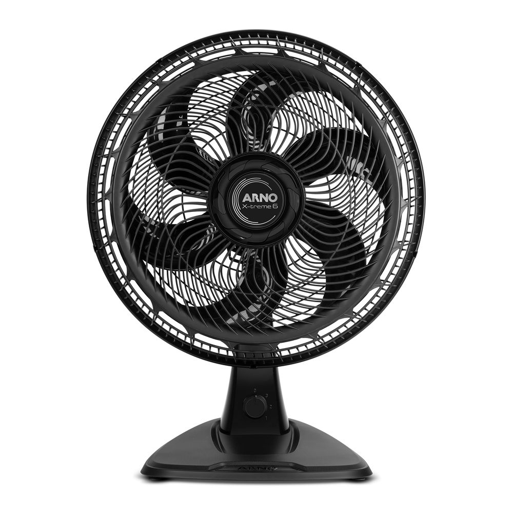 Ventilador Arno X-Treme 6 40cm Preto Ventilador de mesa Arno X-Treme 6 na cor preta com 6 pás, 40cm e design robusto, ideal para máxima ventilação em ambientes internos