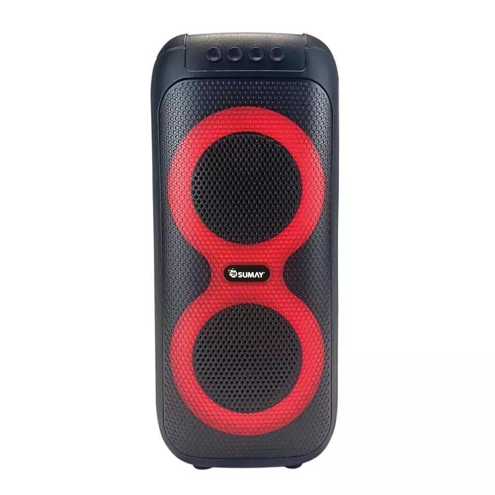 Caixa de Som Amplificada Sumay com Bluetooth e LED Imagem da caixa de som amplificada Sumay na cor preta com luz LED vermelha, ideal para festas, churrascos e momentos de lazer com som potente