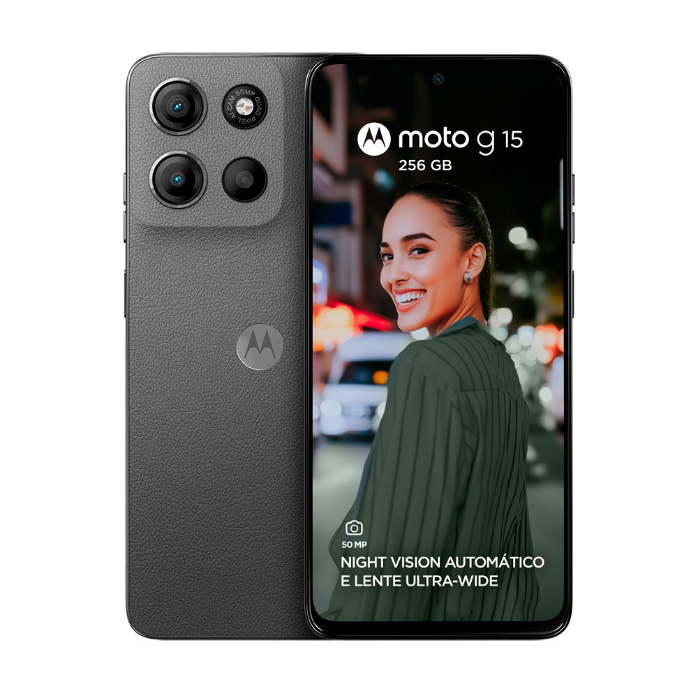 Smartphone Motorola Moto G15 com 256GB e Câmera Tripla Imagem do smartphone Motorola Moto G15 preto, com câmera tripla traseira de 50MP, 256GB de armazenamento e recurso Night Vision Automático