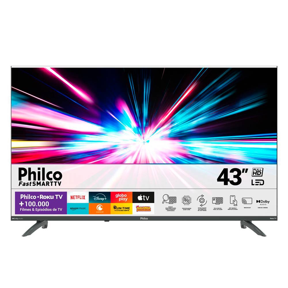Smart TV Philco 43” LED Full HD com Roku e apps de streaming Smart TV Philco 43 polegadas LED com resolução Full HD e Roku integrado, ideal para streaming de filmes e séries