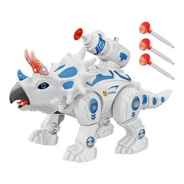 Brinquedo de dinossauro triceraton lançador de dardos branco com detalhes azuis