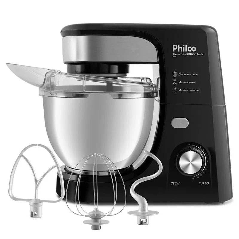 Batedeira planetária Philco preta com tigela inox