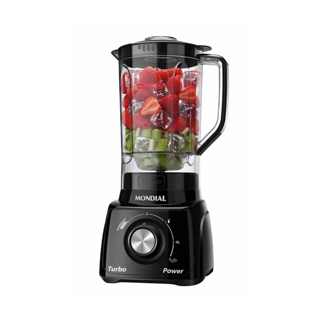 Liquidificador preto com frutas dentro