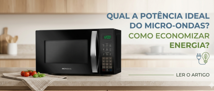 Micro-ondas Mondial preto em bancada de cozinha com texto sobre potência ideal e economia de energia.